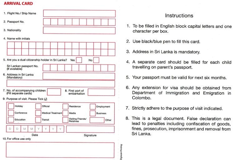 Einreisekarte Sri Lanka Visa